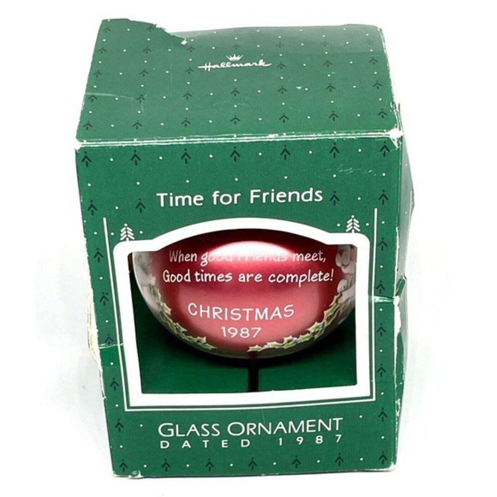 Vintage 1987 Hallmark Glass‎ Christmas Ornament Time for Friends Teardrop